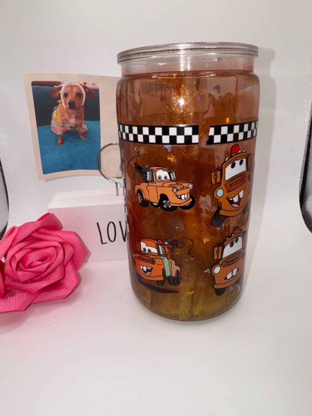 Disney Orange Glitter 'Tow Mater' Travel Tumbler with Black & White Check
